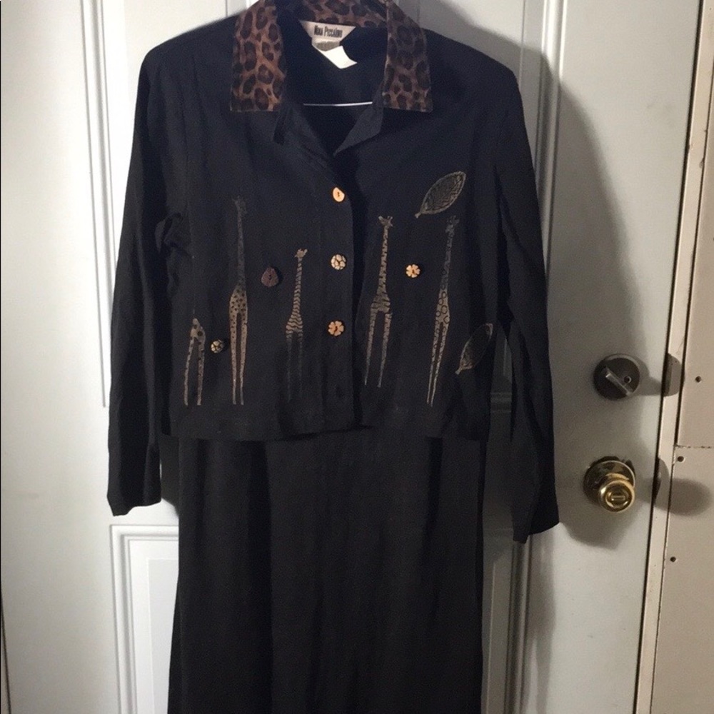 Nina Piccalino black sleeveless maxi animal print dress matching jacket size 6